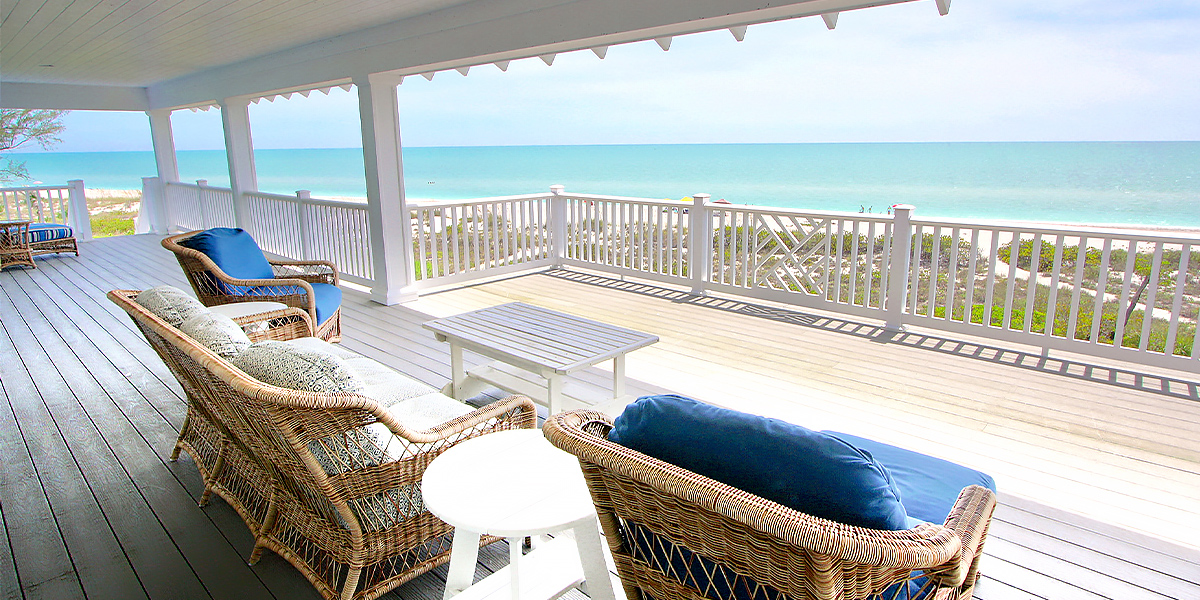 View of the Gulf of Mexico from the deck of a beachfront Captiva Island rental home.