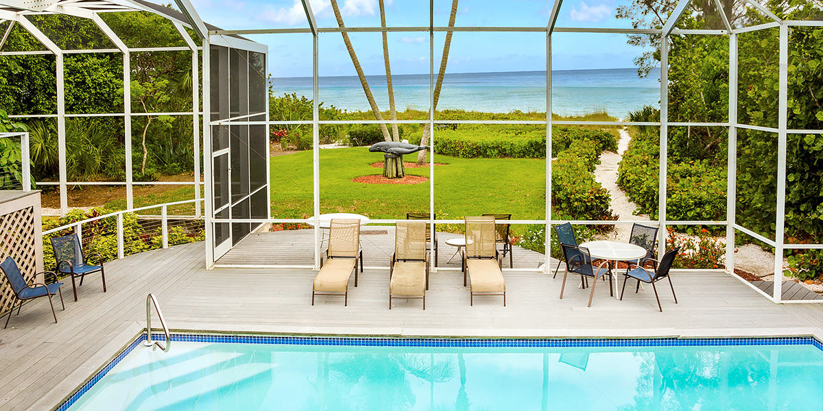 View of the Gulf of Mexico from the lanai of a Sanibel Island rental home.